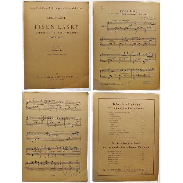 NOTY nakladatelství Fr.A.Urbánek Praha Suk-Blažek PÍSEŇ LÁSKY Op.7 No.1 PIANO 2 RUCE 1942 (6 strany)