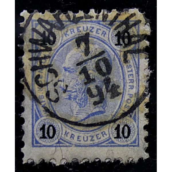 ZNÁMKA RAK-UHER FRANZ JOSEF I. 10 kreuzer MODRÁ