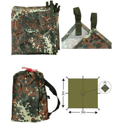 PLACHTA EXTREM ZPEVNĚNÁ 3X3m RIPSTOP NEPROMOKAVÁ SLOUPEC 2000mm POUTKA váha 1KG FLECKTARN