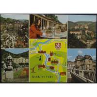 Pohled KARLOVY VARY KOLONÁDA MAPA Š BAR PROŠLÝ