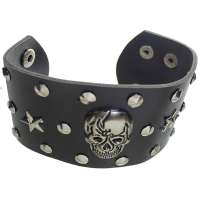 NÁRAMEK KOŽENÝ 23x6cm SKULL VELKÁ 2 HVĚZDY ČERNÝ
