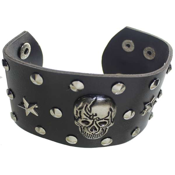 NÁRAMEK KOŽENÝ 23x6cm SKULL VELKÁ 2 HVĚZDY ČERNÝ