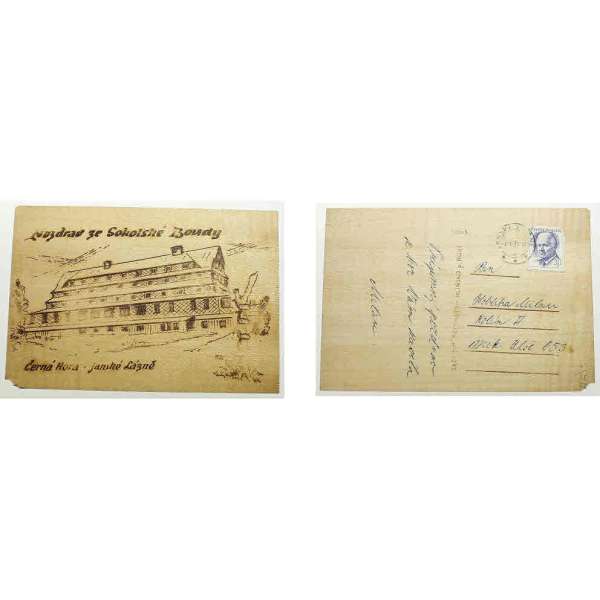 POHLEDNICE DŘEVĚNA WOODEN POST JINDŘICHŮV HRADEC ČISTÁ 10x14cm ZAJÍMAVÁ