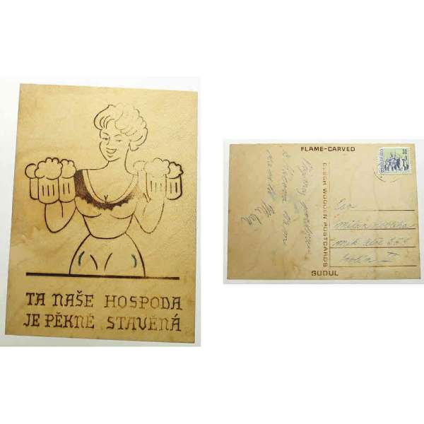 POHLEDNICE DŘEVĚNA WOODEN POST PĚKNÁ HOSPODA 70-tá LÉTA 10x14cm ZAJÍMAVÁ