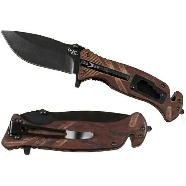 NŮŽ ZÁCHRANÁŘSKÝ 21,5cm, ČEPEL 9cm, 145gr SPEC OCEL 3Cr13 S KŘESADLEM DŘEVĚNÁ STŘENKA