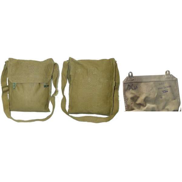 TAŠKA ČSLA NA PLYN MASKU ZNAČENÁ MEČE 1955 24x29x10cm DŘEVĚNÉ KOLÍČKY OLIV