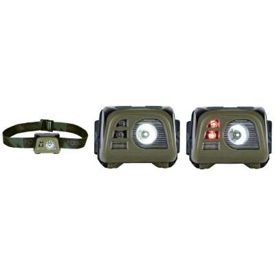 BATERKA ČELOVKA FOSCO TAKTICKÁ 140 lumen, 3x BATERIE AAA, LED SVĚTLO ČERVENÉ, BÍLÉ, NOHO FUNKCÍ OLIV