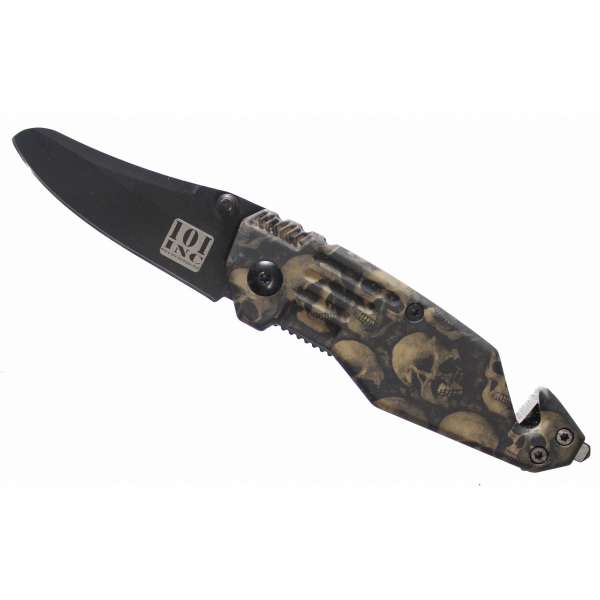NŮŽ HOLAND 101INC KAPESNÍ ZÁCHRANÁŘSKÝ SKULL 15cm, ČEPEL 6cm S KLIPEM BLACK-SAND