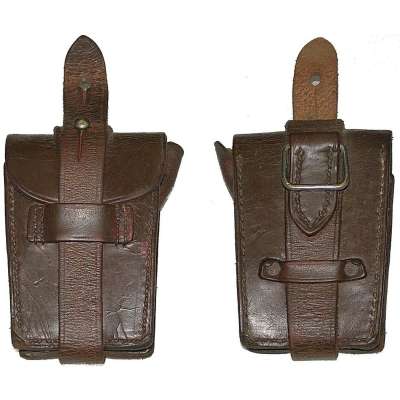 POUZDRO FRANCIE NA  ZÁSOBNÍK PISTOLE 70x100x30mm S ÚCHYTKOU K NOS ŘEMENÍ KOŽENÉ orig TMAVĚ HNĚDÉ