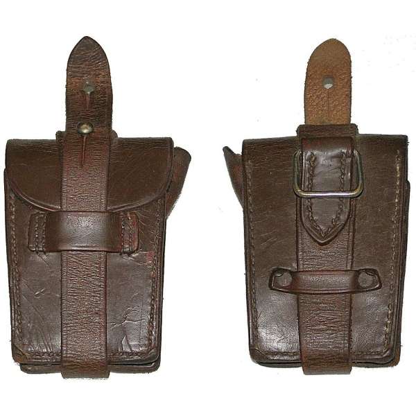 POUZDRO FRANCIE NA  ZÁSOBNÍK PISTOLE 70x100x30mm S ÚCHYTKOU K NOS ŘEMENÍ KOŽENÉ orig TMAVĚ HNĚDÉ