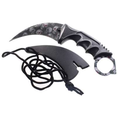 NŮŽ CARAMBIT PEVNÝ 19,5cm, ČEPEL 9cm S POUZDREM SKULL ČERNÝ