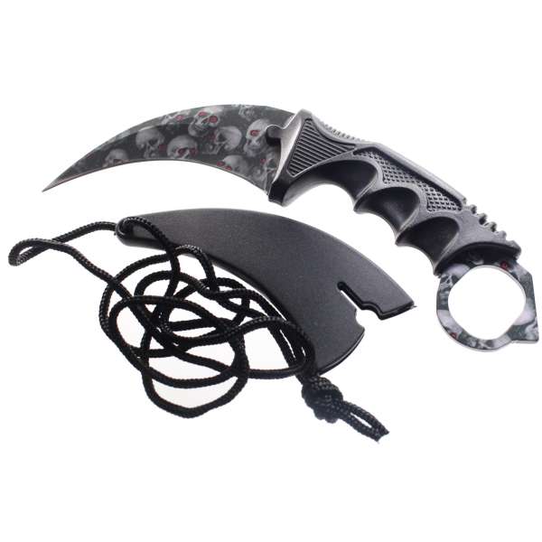 NŮŽ CARAMBIT PEVNÝ 19,5cm, ČEPEL 9cm S POUZDREM SKULL ČERNÝ