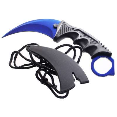 NŮŽ CARAMBIT PEVNÝ 19,5cm, ČEPEL 9cm S POUZDREM NEON MODRÝ