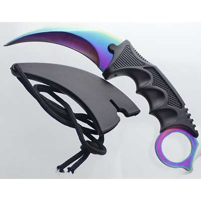 NŮŽ CARAMBIT PEVNÝ 19cm, ČEPEL 9cm S POUZDREM NEON VIOLET