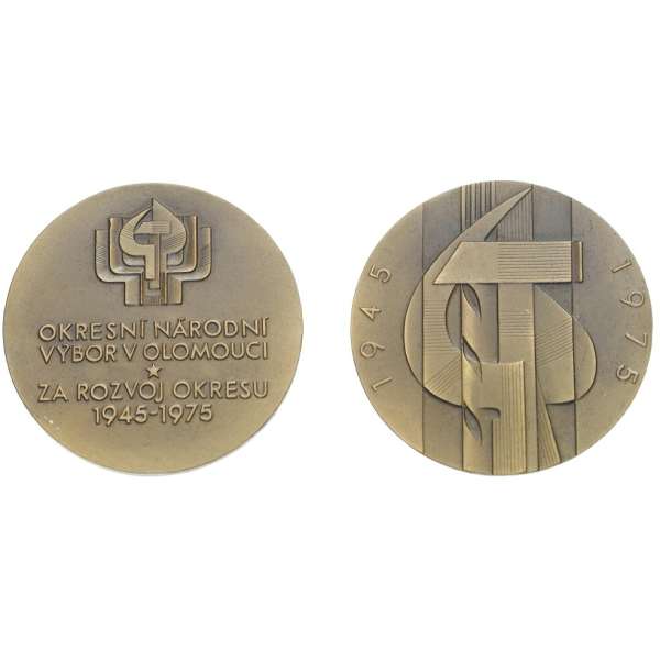 MEDAILE ONV OLOMOUC ZA ROZVOJ OKRESU 1945-1975, 60mm 83gr BRONZOVÁ